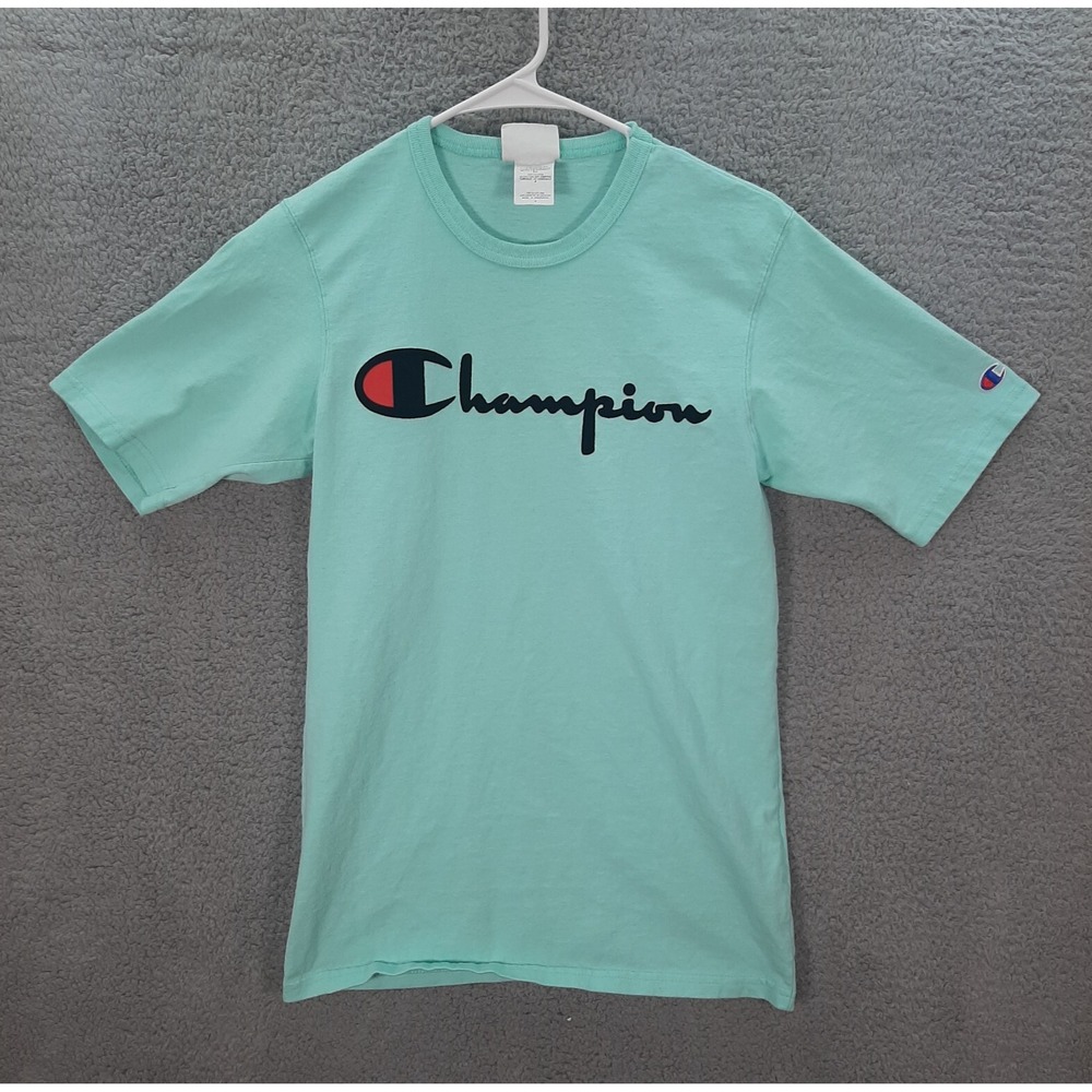 Vintage Champion Shirt Adult Small Blue Script Spell Out Graphic Grunge Y2K